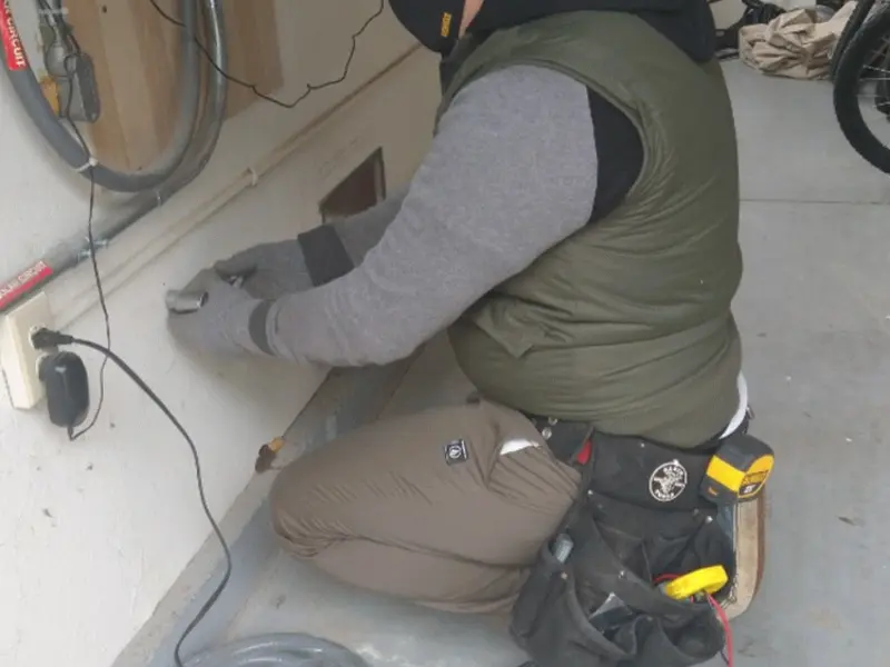 Electrician performing outlet wiring in a Edgefield garage